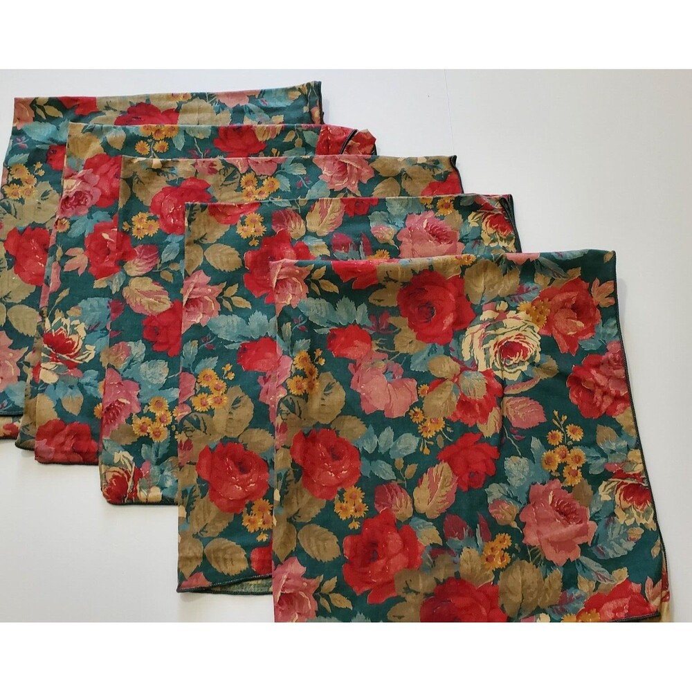 Now Designs Napkins 5 Red Green Gold Floral Roses Holidays Autumn 21.5x21"